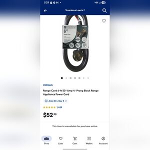 Utilitech 6 Ft Range Cord BNIP Never Been Opened Or Installed!